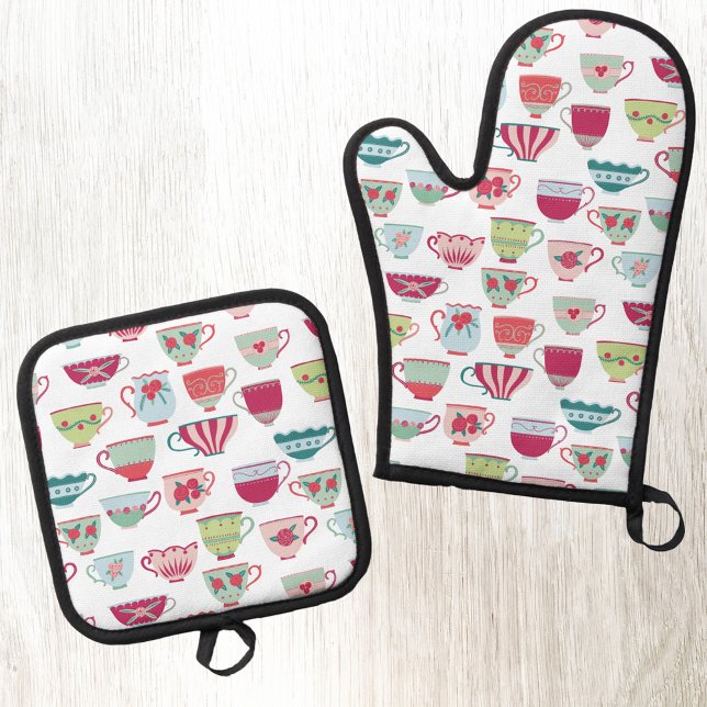 Ensemble De Gant De Cuisine Et De Manique Teacup Retro Motif moderne (Modern retro teacup pattern kitchen oven glove or mitt and pot holder)