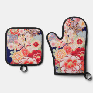 Ensemble De Gant De Cuisine Et De Manique Textile de KIMONO japonais, Fleur