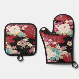 Ensemble De Gant De Cuisine Et De Manique Textile de KIMONO japonais, motif floral