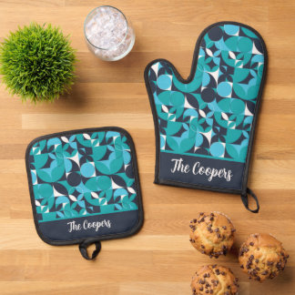 Ensemble De Gant De Cuisine Et De Manique Thème Cercle Turquoise et Marine Abstrait