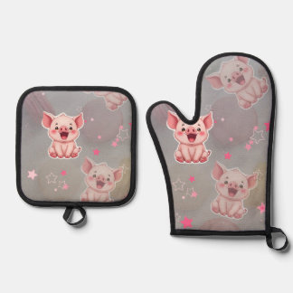 Ensemble De Gant De Cuisine Et De Manique  Tiny Pink Piggy Oven Mitt and Pot Holders