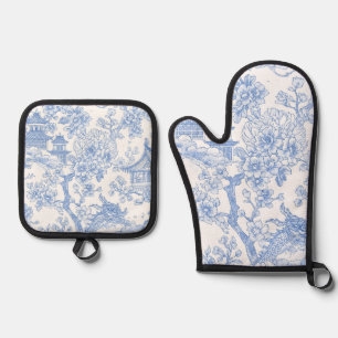 Ensemble De Gant De Cuisine Et De Manique Toile de chinoiserie bleue Dragon Fleur de cerisie