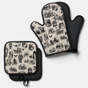 Ensemble De Gant De Cuisine Et De Manique Toile de Jouy Halloween Fantôme Squelette Goule