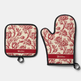 Ensemble De Gant De Cuisine Et De Manique Toile de tulipes rouge et crème - Décor champêtre 