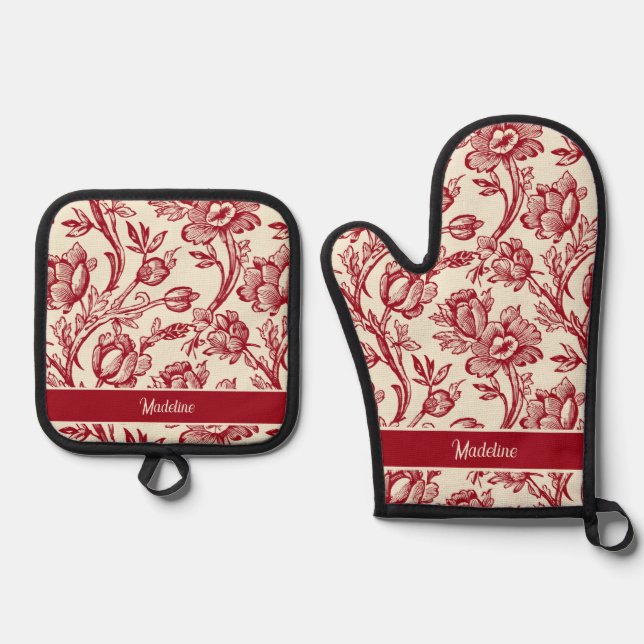Ensemble De Gant De Cuisine Et De Manique Toile de tulipes rouge et crème - Décor champêtre  (Recto)