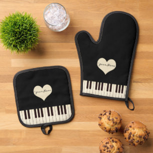Ensemble De Gant De Cuisine Et De Manique Touches de piano Coeur Texte personnalisé