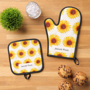 Ensemble De Gant De Cuisine Et De Manique Tournesol jaune blanc chic