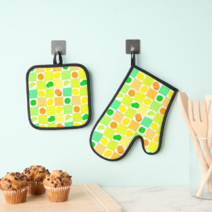 Ensemble De Gant De Cuisine Et De Manique Tranches de Citron, Lime et Oranges Citrus Rétro F