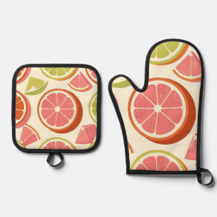Ensemble De Gant De Cuisine Et De Manique Tranches de pamplemousse orange lime vibrantes 