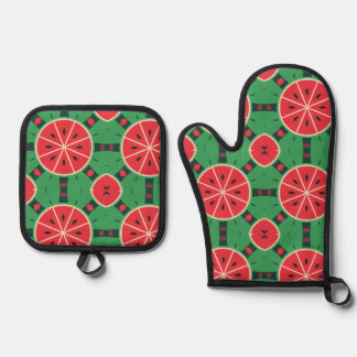 Ensemble De Gant De Cuisine Et De Manique Tranches de pastèque fraîche d'été Motif Cuisine