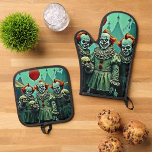 Ensemble De Gant De Cuisine Et De Manique Trois Clowns Déplaisants Crâne conception de la pe