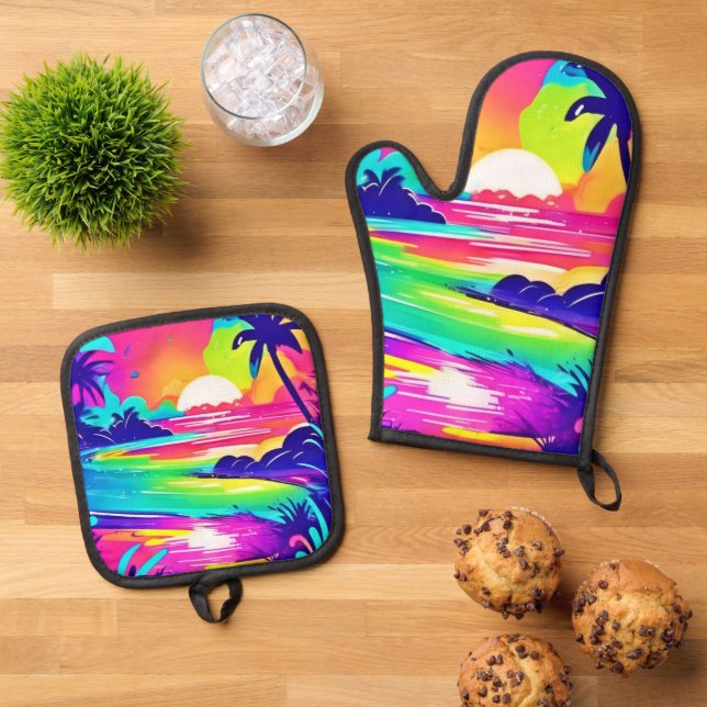 Ensemble De Gant De Cuisine Et De Manique Tropical Rainbow Beach Dream (De haut en bas)