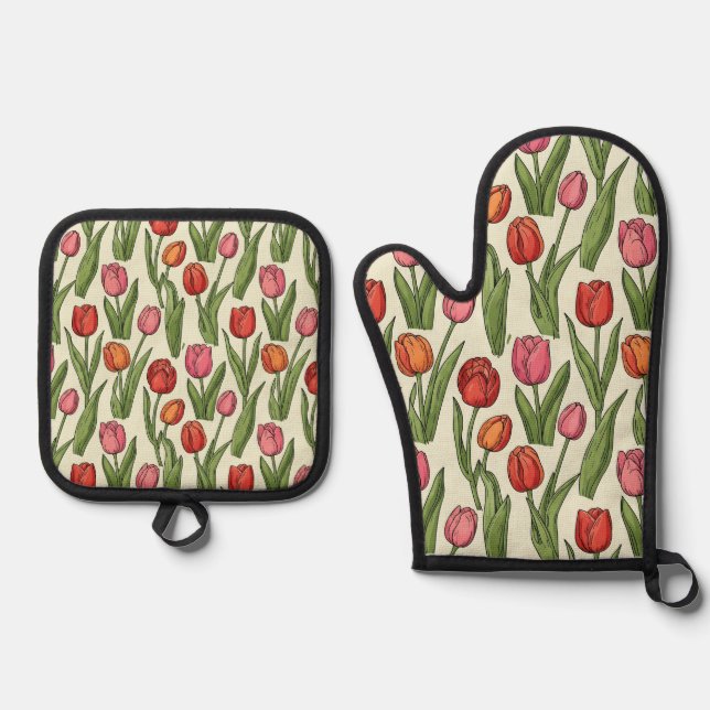 Ensemble De Gant De Cuisine Et De Manique Tulipes Rouges Four Mitts & Pot (Recto)