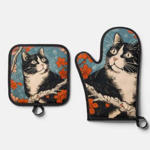 Ensemble De Gant De Cuisine Et De Manique Tuxedo Chat peinture japonaise