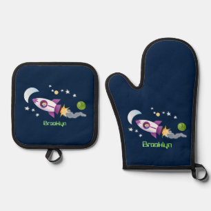 Ensemble De Gant De Cuisine Et De Manique Un adorable vaisseau-fusée dans l'espace dessin an