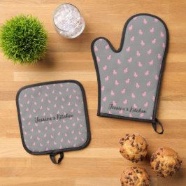 Ensemble De Gant De Cuisine Et De Manique Unicorne rose invisible sur gris