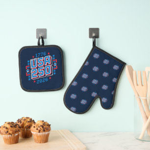 Ensemble De Gant De Cuisine Et De Manique USA 250 - 1776 à 2026 Pixel Art