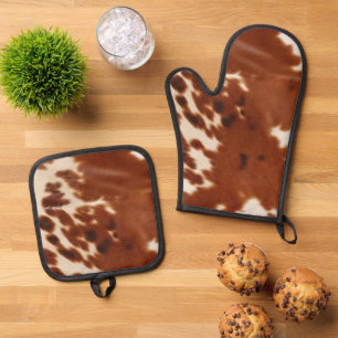 Ensemble De Gant De Cuisine Et De Manique Vachette blanche à crème Brown