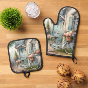 Ensemble De Gant De Cuisine Et De Manique Vélo de chalet bleu avec panier à fleurs de printe