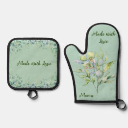 Ensemble De Gant De Cuisine Et De Manique Verdure florale rustique faite avec amour