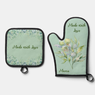 Ensemble De Gant De Cuisine Et De Manique Verdure florale rustique faite avec amour
