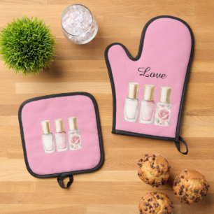 Ensemble De Gant De Cuisine Et De Manique Vernis à ongles floral rose Pretty Rose