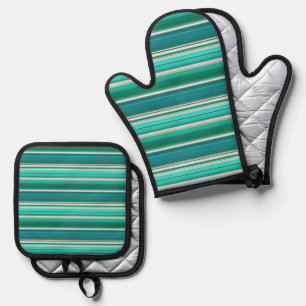 Ensemble De Gant De Cuisine Et De Manique Vert bleu Turquoise rayures Design