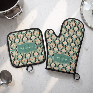 Ensemble De Gant De Cuisine Et De Manique Vintage Abstract Botanical Monogram Floral Pattern