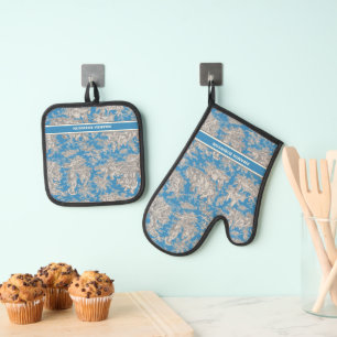Ensemble De Gant De Cuisine Et De Manique Vintage bleu turquoise toile de jouy imprimé