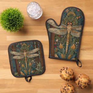 Ensemble De Gant De Cuisine Et De Manique Vintage conception de libellule botanique romantiq