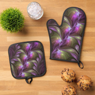 Ensemble De Gant De Cuisine Et De Manique Violet Abstrait violet violet kaki fractal
