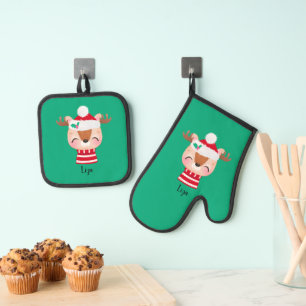 Ensemble De Gant De Cuisine Et De Manique Visage de rennes souriants de Noël