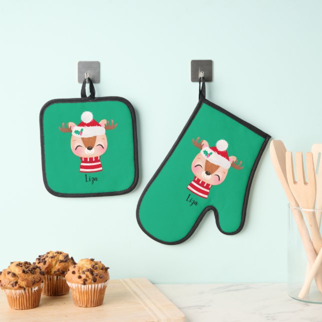 Ensemble De Gant De Cuisine Et De Manique Visage de rennes souriants de Noël (In situ (suspendu))