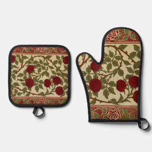 Ensemble De Gant De Cuisine Et De Manique Walter Crane Vintage Rosamund Rouge Rose Fleurie A