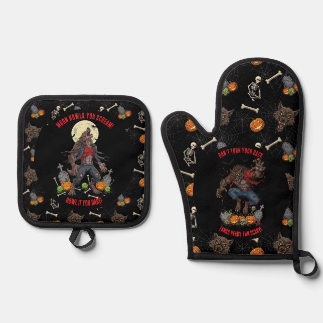 Ensemble De Gant De Cuisine Et De Manique 🔥 Werewolf Four Mitts & Pot Holders 🐺 🎃 (Recto)