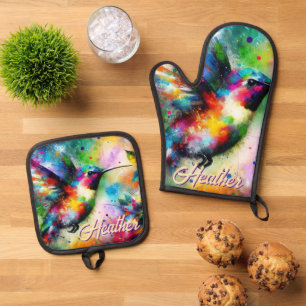 Ensemble De Gant De Cuisine Et De Manique Whimsical Colorful Hummingbird Bird Personnalisé