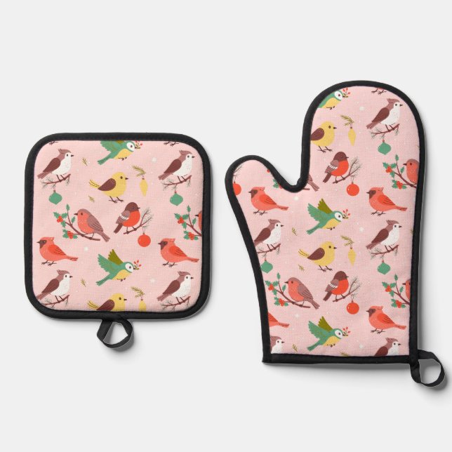 Ensemble De Gant De Cuisine Et De Manique Winter Christmas Birds (Recto)