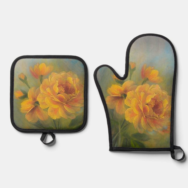 Ensemble De Gant De Cuisine Et De Manique Yellow Roses (Recto)