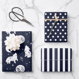 Ensemble de papier cadeau Loup hurleur à la Lune