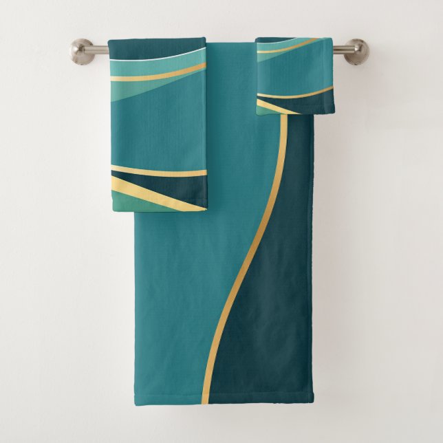 Ensemble de serviettes abstraites sarcelle et or (En situation)