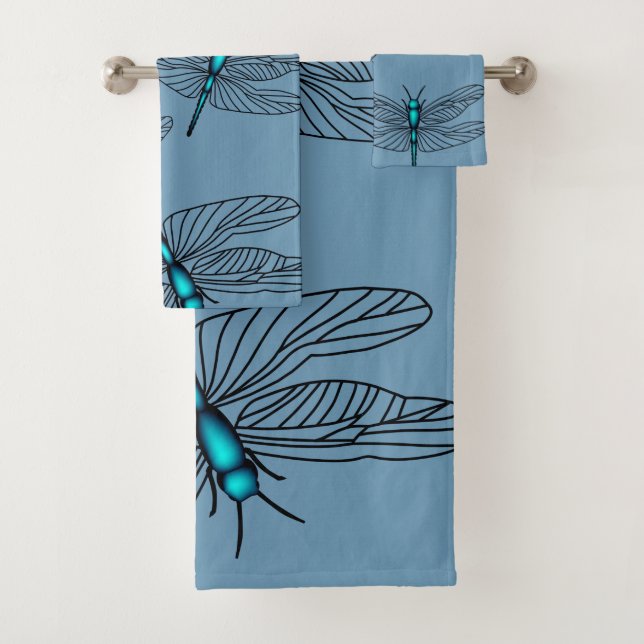 Ensemble de serviettes de bain à la libellule bleu (En situation)