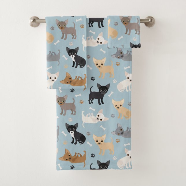 Ensemble de serviettes de bain bleu Chihuahua Bone (En situation)