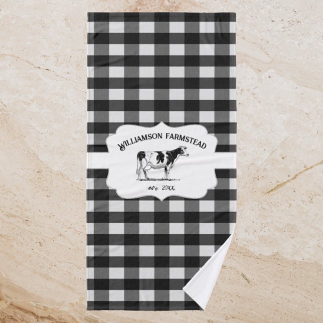 Ensemble de serviettes de bain de vaches de ferme  (Black Buffalo Plaid Farm Cow Bath Towel Set)