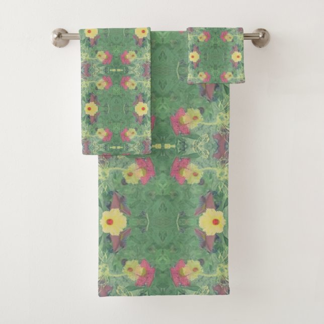 Ensemble de serviettes de bain fleuri vert (En situation)