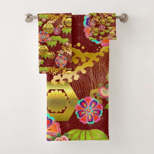 Ensemble de serviettes de bain motif de jurokugiku (En situation)