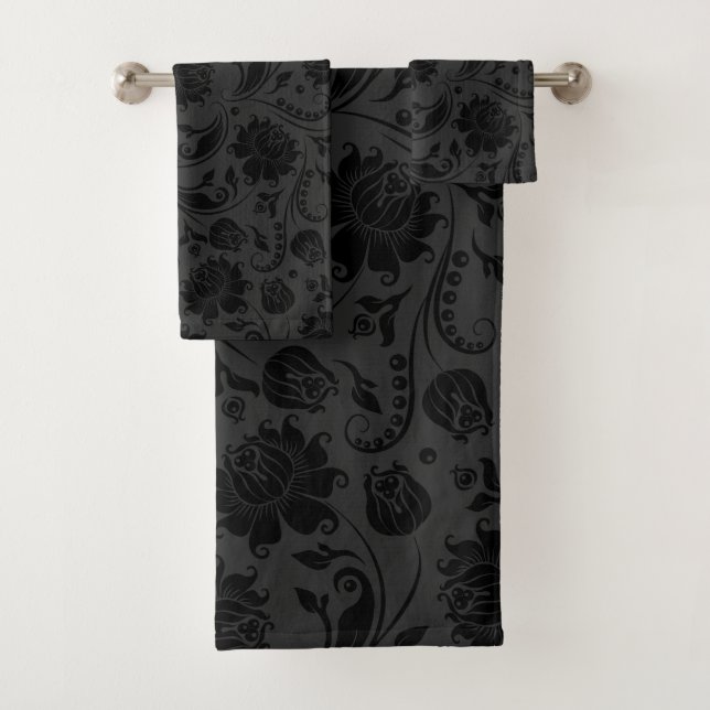 Ensemble de serviettes de bain motif noir sur gris (En situation)
