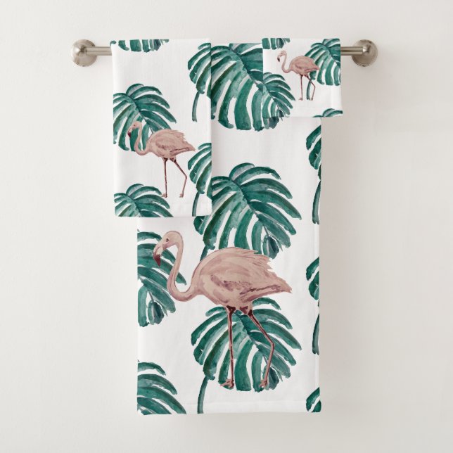 Ensemble de serviettes de bain peintes en Flamant  (En situation)