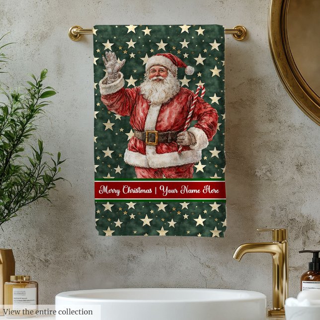 Ensemble de serviettes de bain personnalisées Retr (Retro Watercolor Santa Custom Bath Towel Set)