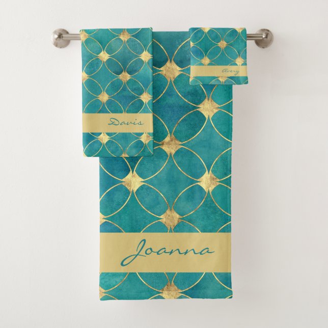 Ensemble De Serviettes De Bain turquoise Et Or (En situation)