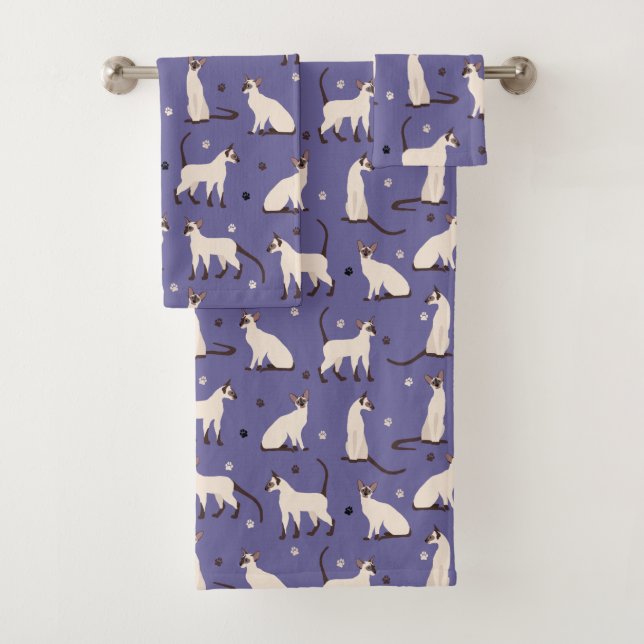 Ensemble de serviettes de bain violet chats et pat (En situation)